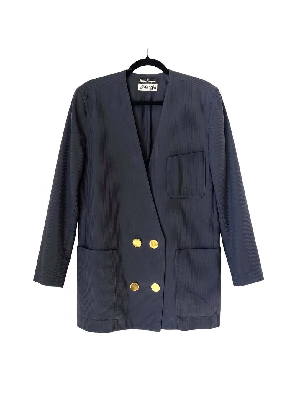 80s Vintage Salvatore Ferragamo for Martha Navy Pinstripe Weave Blazer size 8